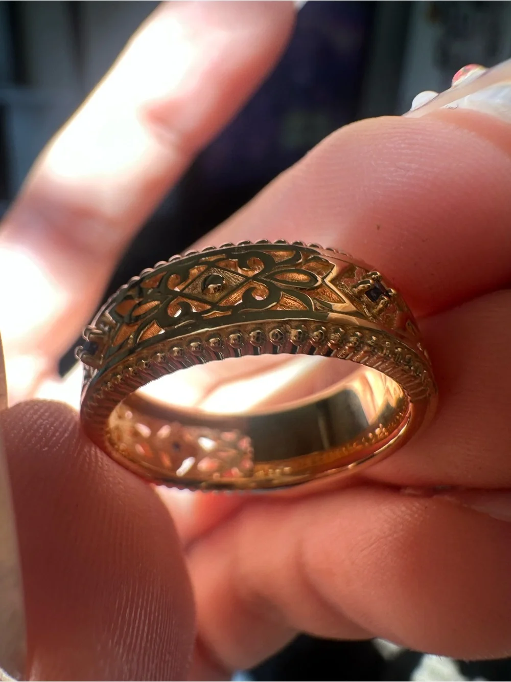 10K Yellow Gold Sapphire Filigree Band Ring 7mm Size 8.5